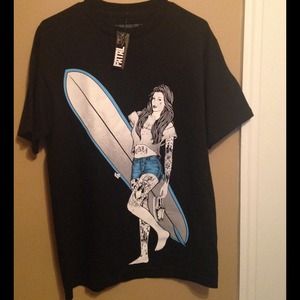 Black Graphic Tee 'Surfer Chick'