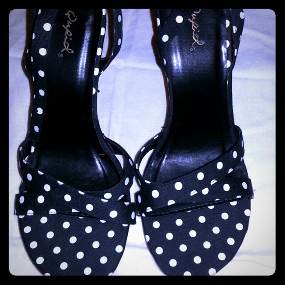 Black polka dot high heel sandles NEVER WORN. $12