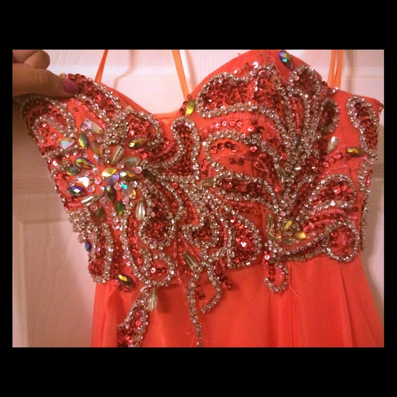 Strapless diamond coral prom dress