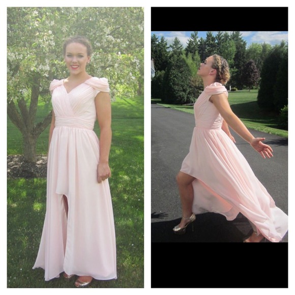 Pink high low formal dress with capped sleeves