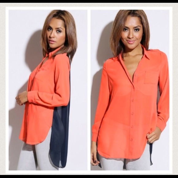 Tops - SOLD ON THREADFLIP Coral & navy high low TOP