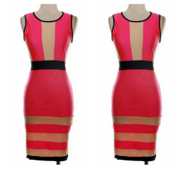 Coral, Taupe & Navy Blue bodycon Dress
