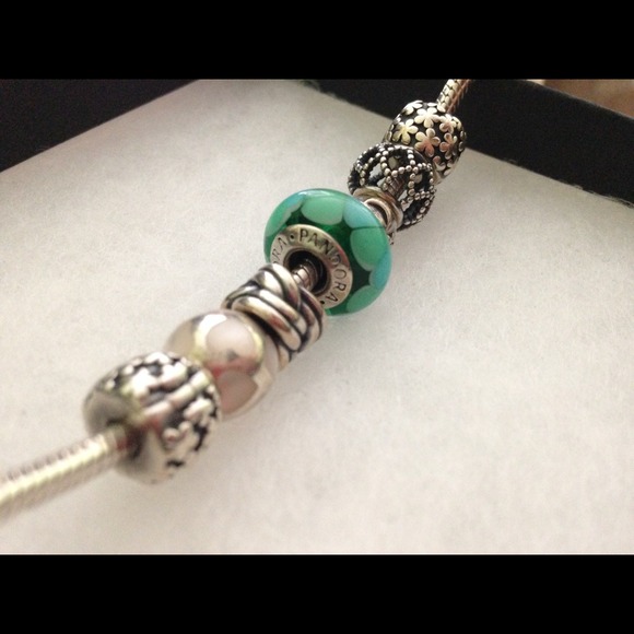 Pandora bracelet with 2 clips and 5 charms
