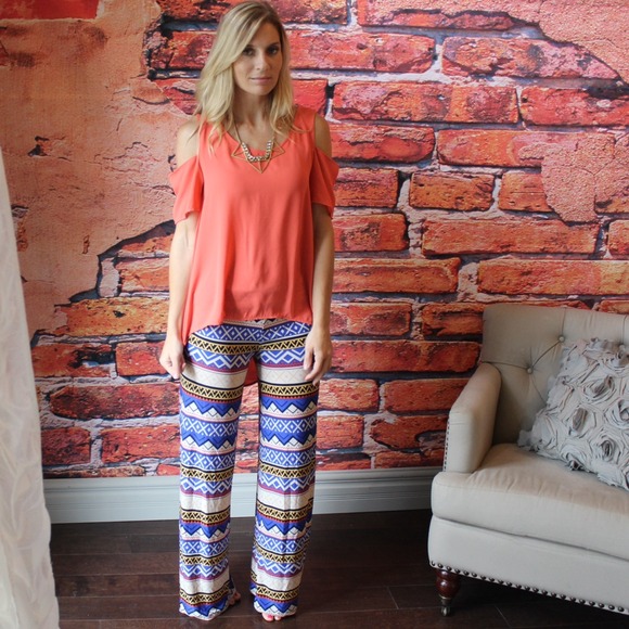 ⬇️Blue, yellow and coral Aztec palazzo pants - Picture 2 of 2