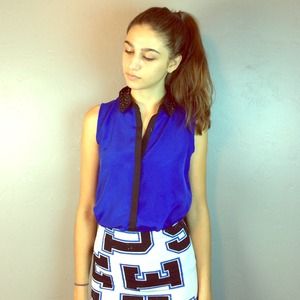 Royal blue sleeveless top with sequined collar