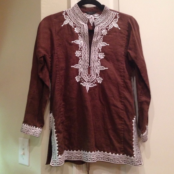 J.crew embroidered brown and white tunic