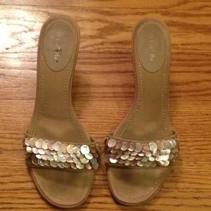 Tan Slide Sandals with Shell Embellisments