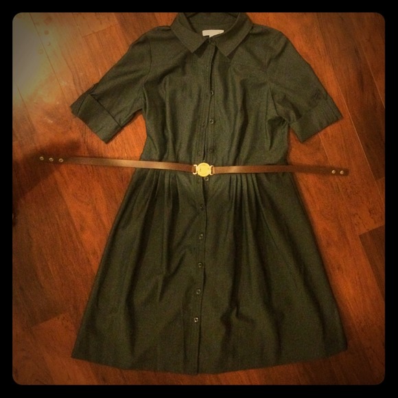 Shirt dress with leather belt, buttoned front