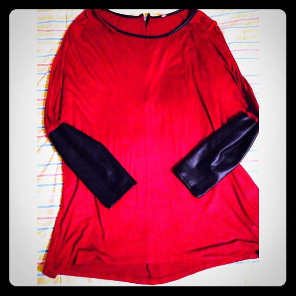 Burgundy top with pleather sleeves