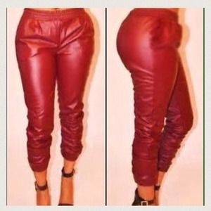 Red faux leather pants