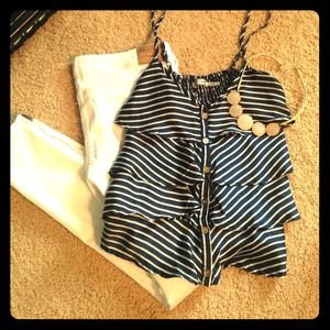 Navy and white striped ruffle tank