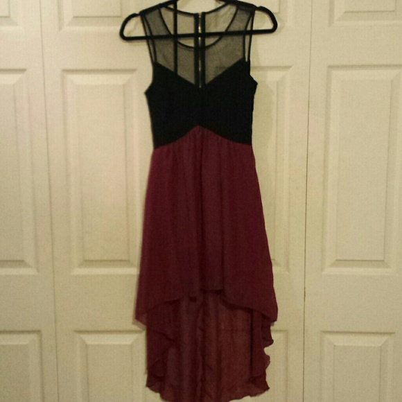 Burgundy and black hi-low dress with flowy skirt