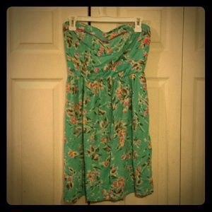 Blue floral print strapless dress