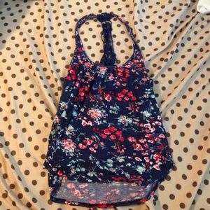 Blue flowered high and low shirt.