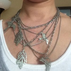 Bird  and feather necklace- silver