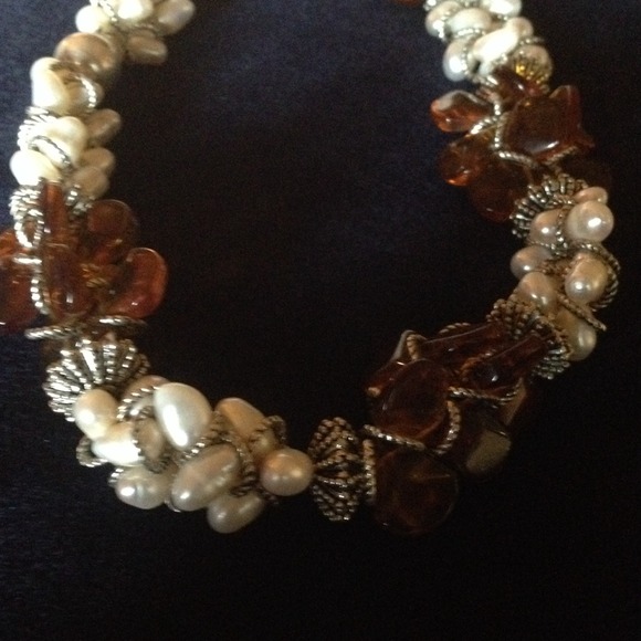 Pearl Colored and Brown Woven Necklace