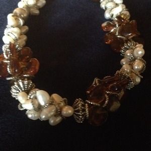 Pearl Colored and Brown Woven Necklace