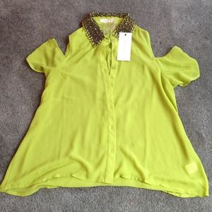 *SOLD*Green off shoulder top with jeweled collar