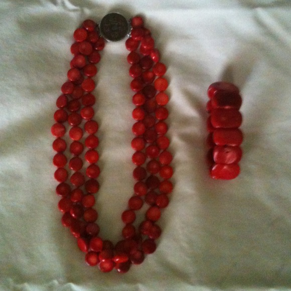 Red Stone Necklace with Matching Bracelet