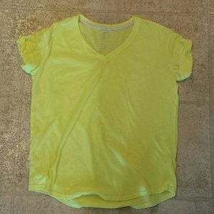 Bright yellow V - neck with cuffed arms.