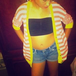 Mint green cardigan with orange stripes