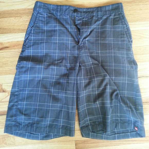 Mens grey shorts with thin blue and black strips