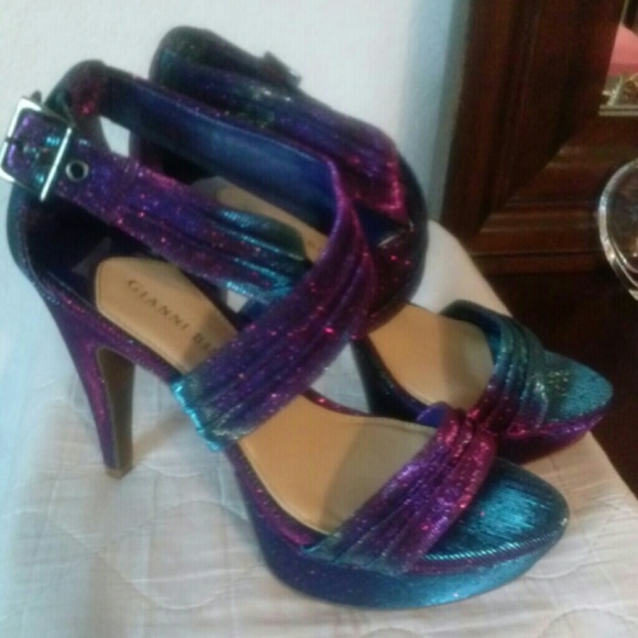 Blue and purple strappy glitter heels