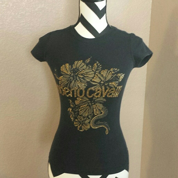 ROBERTO CAVALLI BLACK & GOLD BEADED TEE, SMALL