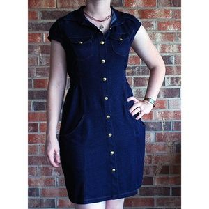 Denim Style Short Sleeve Dress with Gold Buttons