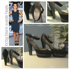BCBG black suede heels snake skin - like new