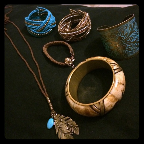 Teal brown and brass jewelry