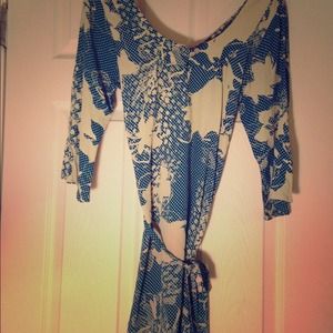 Fun Quarter Sleeve Tan & Teal Dress