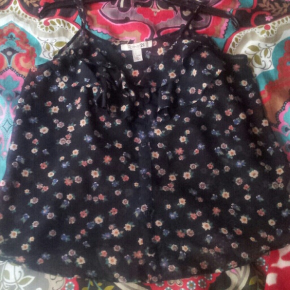 Cute Navy Blue Loose Floral Top