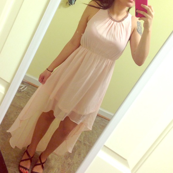 Sheer baby pink hi-low dress with jewel collar