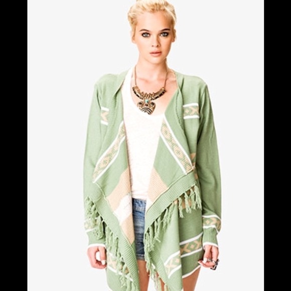 Forever 21 Sweaters - Forever 21 Out West Fringed Aztec Cardigan in Mint