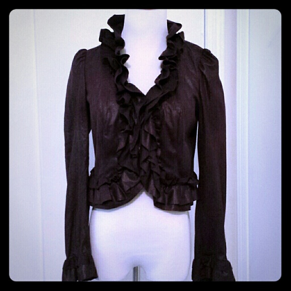 I.N.C. Brown ruffle trim, leathet look jacket.