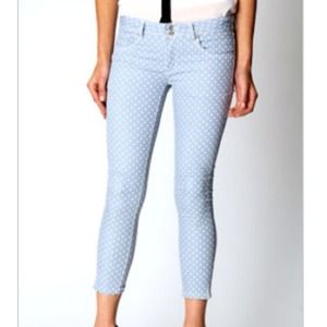 Blue w/t white polka dot stretch pants.