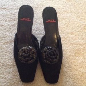 Black Mules with Flower Embellishment