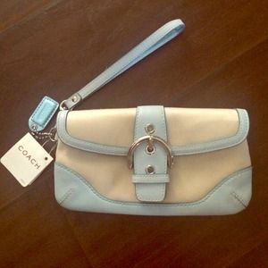 Cream coach wristlet with baby blue lining