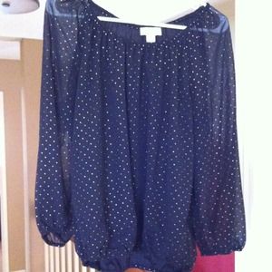 AnnTaylor LOFT sheer black top w/ gold dots