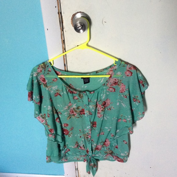 Teal and flower button down ruffle blouse