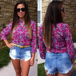 Fuchsia and turquoise button down top.
