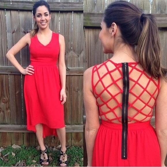 Red high-low dress with caged back.