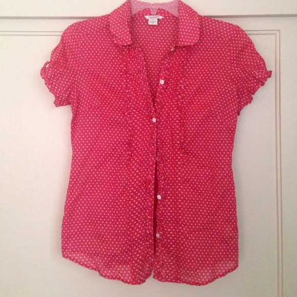 Red polkadot short sleeve button down blouse