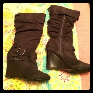Gray suede wedge boots