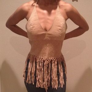Bebe tan leather suede fringe halter top- Medium