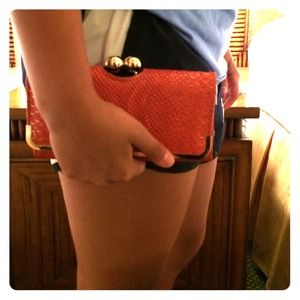 Coral and gold reptile skin clutch/wallet
