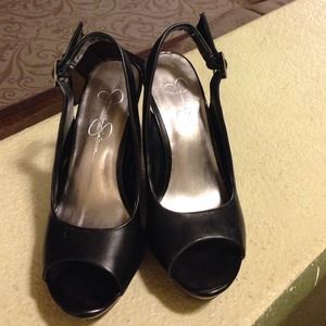 Black leather wedges