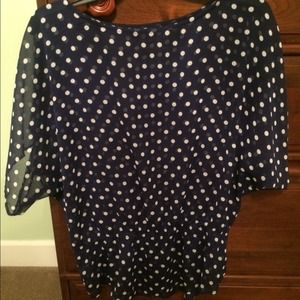 Navy and white polka dot top