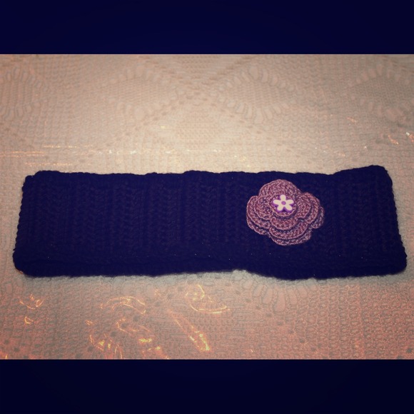 Accessories - Black Hand-Knitted Headband with Purple flower 💜